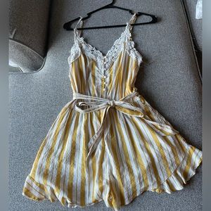 Yellow and white striped romper with belt